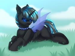 Size: 2732x2048 | Tagged: safe, artist:alphadesu, oc, oc only, changeling, choker, cute, cuteling, grass, high res, lying down, male, prone, solo, spiked choker