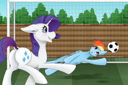 Size: 1200x800 | Tagged: safe, artist:zeronitroman, rainbow dash, rarity, pegasus, pony, unicorn, g4, butt, buttcheeks, duo, female, football, goalie, plot, rearity, remake, sports