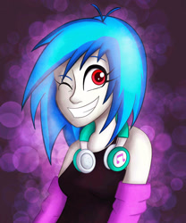 Size: 2500x3000 | Tagged: safe, artist:insomniaqueen, dj pon-3, vinyl scratch, equestria girls, g4, female, grin, headphones, high res, one eye closed, red eyes, smiling, solo, wink, wrong eye color