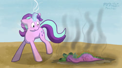 Size: 1280x720 | Tagged: safe, artist:kirbyliscious, spike, starlight glimmer, dragon, pony, unicorn, g4, abuse, atg 2021, duo, female, glowing horn, go to sleep garble, horn, male, mare, newbie artist training grounds, shitposting, smoke, spikeabuse, this will end in jail time, this will end in lawsuits, wide eyes