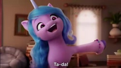 Size: 1276x716 | Tagged: safe, screencap, izzy moonbow, pony, unicorn, g5, my little pony: a new generation, spoiler:g5, spoiler:my little pony: a new generation, 3d, beanbag chair, open mouth, smiling, subtitles, ta-da!