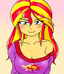 Size: 640x740 | Tagged: safe, artist:batipin, sunset shimmer, equestria girls, g4, blushing, breasts, busty sunset shimmer, cleavage, clothes, female, gradient background, grin, looking at you, multiple variants, off shoulder, pajamas, smiling, smiling at you, solo