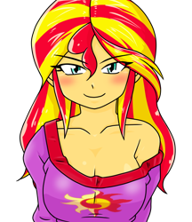 Size: 640x740 | Tagged: safe, alternate version, artist:batipin, sunset shimmer, equestria girls, g4, blushing, breasts, busty sunset shimmer, cleavage, clothes, female, looking at you, multiple variants, off shoulder, pajamas, simple background, smiling, solo, transparent background