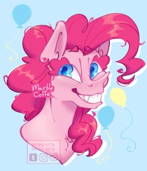 Size: 1014x1184 | Tagged: safe, artist:marblecoffe, pinkie pie, earth pony, pony, g4, big eyebrows, bust, cutie mark background, female, grin, hoers, smiling, solo