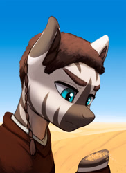 Size: 1500x2066 | Tagged: safe, artist:mrscroup, oc, oc only, oc:tin zinan, zebra, equestria at war mod, annoyed, bust, clothes, desert, male, portrait, sand, solo