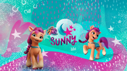 Size: 2048x1152 | Tagged: safe, sunny starscout, earth pony, pony, g5, official, abstract background, cute, cutie mark, female, mare, my little pony: a new generation logo, pony history, self ponidox, sunnybetes, text, youtube banner