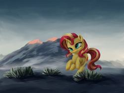Size: 3000x2250 | Tagged: safe, artist:flusanix, sunset shimmer, pony, unicorn, g4, female, high res, mare, mountain, running, scenery, solo