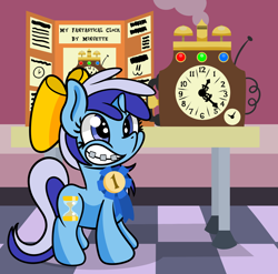 Size: 1920x1900 | Tagged: safe, artist:dinkyuniverse, minuette, pony, unicorn, g4, adorkable, atg 2021, bow, braces, clock, cute, dork, female, filly, filly minuette, grin, hair bow, indoors, invention, minubetes, newbie artist training grounds, science, science fair, smiling, solo, younger