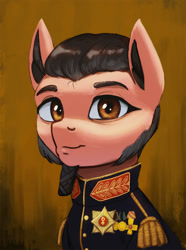 Size: 1500x2021 | Tagged: safe, artist:mrscroup, oc, oc only, oc:king khefer, earth pony, pony, equestria at war mod, bust, clothes, ear fluff, epaulettes, facial hair, medals, military uniform, portrait, solo, uniform