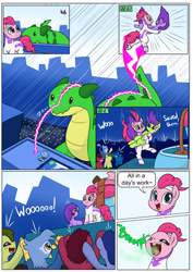 Size: 906x1280 | Tagged: safe, artist:dendollae, fili-second, pinkie pie, dragon, earth pony, griffon, pony, g4, bridal carry, burp, butt, carrying, comic, crowd, eaten alive, implied death, implied digestion, parade balloon, plot, post-vore, power ponies, rescue, vore, wat
