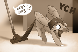 Size: 990x659 | Tagged: safe, artist:28gooddays, pegasus, pony, behaving like a cat, floppy ears, monochrome, solo, vacuum cleaner, ych example, ych sketch, your character here