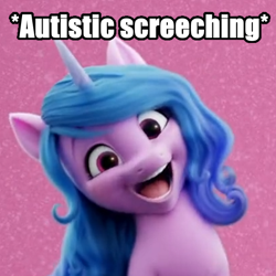 Size: 512x512 | Tagged: safe, edit, edited screencap, editor:lyinx, screencap, izzy moonbow, pony, unicorn, g5, my little pony: a new generation, 3d, ableism, autistic screeching, blue hair, impact font, meme, op is a duck, pink skin, text