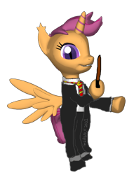 Size: 516x677 | Tagged: safe, scootaloo, changeling, changepony, hybrid, pegasus, pony, g4, 3d, clothes, female, harry potter (series), pegaling, race swap, uniform