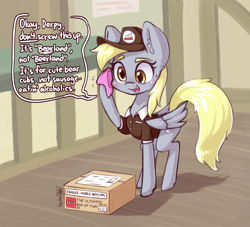 Size: 1481x1344 | Tagged: safe, artist:dsp2003, derpy hooves, pegasus, pony, g4, clothes, female, lego, loss (meme), mailmare, mare, nervous sweat, open mouth, package, pun, speech bubble, this will not end well, wordplay