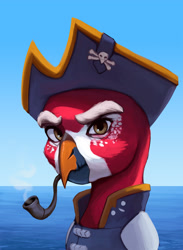 Size: 1500x2053 | Tagged: safe, artist:mrscroup, oc, oc only, oc:henrique lampeão, griffon, equestria at war mod, bags under eyes, bust, clothes, hat, male, pipe, pirate, pirate hat, portrait, smoking, solo