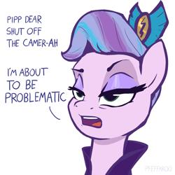 Size: 2048x2048 | Tagged: safe, artist:pfeffaroo, queen haven, pegasus, pony, g5, 30 rock, bust, dialogue, female, high res, implied pipp petals, jane krakowski, mare, portrait, royalty, simple background, solo, voice actor joke, white background, wrong eye color