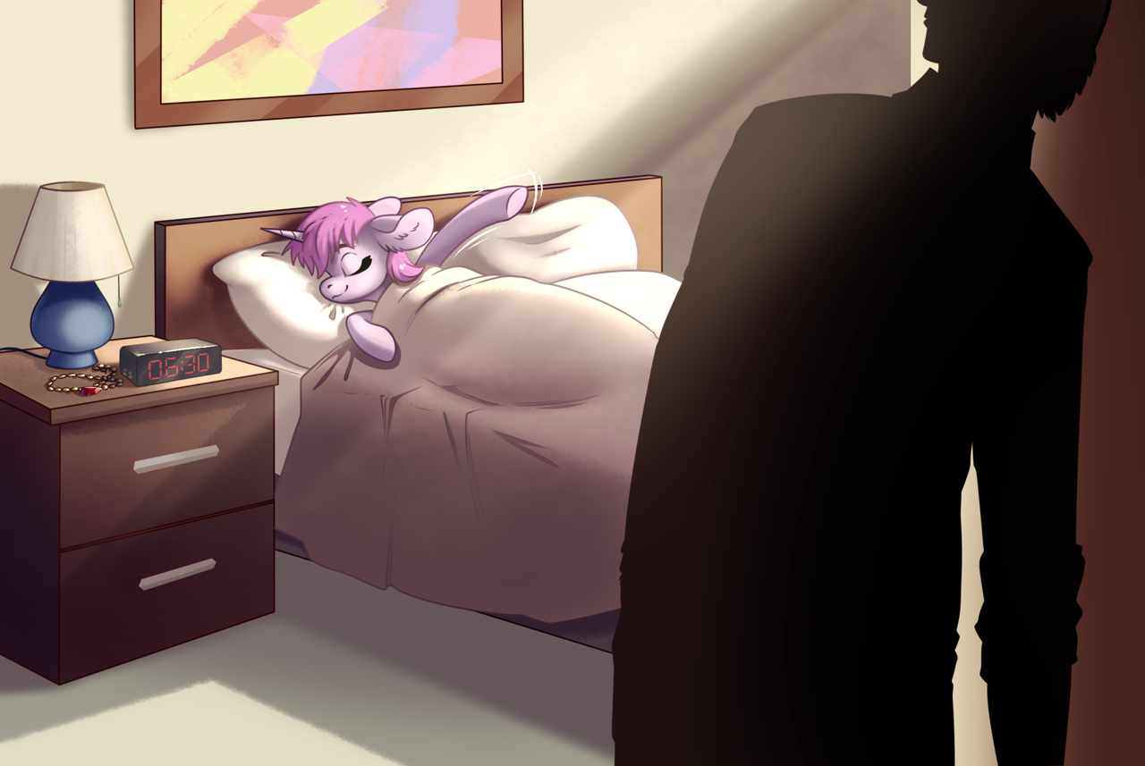 safe, artist:28gooddays, oc, oc only, human, <b>pony</b>, unicorn, bed, bedroom, m...