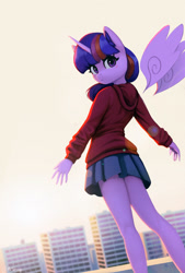 Size: 1500x2224 | Tagged: safe, artist:mrscroup, twilight sparkle, alicorn, anthro, g4, blushing, clothes, floating wings, hoodie, looking at you, looking back, looking back at you, palindrome get, skirt, skyscraper, solo, twilight sparkle (alicorn), upskirt, wings