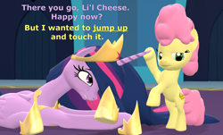 Size: 1784x1080 | Tagged: safe, artist:red4567, li'l cheese, twilight sparkle, alicorn, earth pony, pony, g4, the last problem, 3d, atg 2021, auntie twilight, bipedal, castle, crown, cute, disappointed, duo, duo female, female, filly, hallway, height difference, hoof shoes, jewelry, li'l cheese is not amused, li'l cheesebetes, lying down, mama twilight, newbie artist training grounds, older, older twilight, older twilight sparkle (alicorn), peytral, princess twilight 2.0, prone, reaching, regalia, size difference, smiling, source filmmaker, twilight sparkle (alicorn)