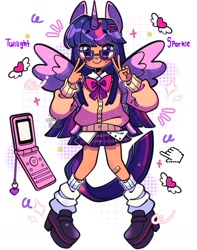 Size: 1485x1884 | Tagged: dead source, safe, artist:jack0ran, twilight sparkle, alicorn, human, g4, backpack, bandaid, barrette, bowtie, clothes, cursor, cute, dark skin, eared humanization, female, flip phone, glasses, heart, horn, horned humanization, humanized, looking at you, pleated skirt, scrapbook aesthetic, simple background, skirt, socks, solo, sweater, twilight sparkle (alicorn), webcore, white background, winged humanization, wings
