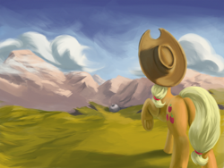 Size: 3000x2250 | Tagged: safe, artist:flusanix, applejack, earth pony, pony, g4, applebutt, butt, female, high res, mare, mountain, plot, raised hoof, rear view, scenery, solo
