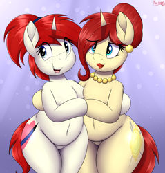 Size: 2865x3000 | Tagged: safe, artist:an-tonio, oc, oc:golden brooch, oc:silver draw, pony, unicorn, belly button, bipedal, chubby, duo, duo female, eye clipping through hair, featureless crotch, female, freckles, high res, horn, lipstick, mother and child, mother and daughter, open mouth, open smile, red lipstick, smiling, unicorn oc