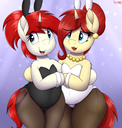 Size: 2865x3000 | Tagged: safe, alternate version, artist:an-tonio, oc, oc:golden brooch, oc:silver draw, pony, unicorn, belly button, bunny ears, bunny suit, chubby, clothes, female, freckles, high res, lipstick, mother and child, mother and daughter, red lipstick