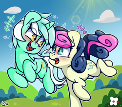 Size: 2760x2416 | Tagged: source needed, safe, artist:lou, bon bon, lyra heartstrings, sweetie drops, earth pony, pony, g4, blushing, duo, female, happy, heart, high res, lesbian, looking at each other, mare, ship:lyrabon, shipping, smiling, sparkles