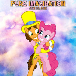 Size: 2016x2016 | Tagged: safe, artist:not-yet-a-brony, cheese sandwich, pinkie pie, earth pony, pony, g4, the last laugh, 2021, canon ship, clothes, cloud, female, hat, high res, hug, husband and wife, lyrics in the description, male, movie reference, pure imagination, roald dahl, ship:cheesepie, shipping, song reference, straight, top hat, willy wonka, willy wonka and the chocolate factory, youtube link in the description