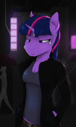 Size: 3000x5000 | Tagged: safe, artist:apuljack, twilight sparkle, alicorn, anthro, g4, breasts, cleavage, cyberpunk, ear fluff, hand in pocket, rain, solo