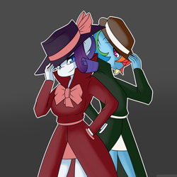 Size: 4000x4000 | Tagged: safe, artist:caoscore, rainbow dash, rarity, anthro, g4, clothes, coat, detective rarity, female, hat, hat tip, lesbian, ship:raridash, shipping, skirt