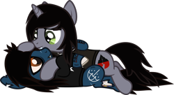 Size: 2324x1266 | Tagged: safe, artist:lightningbolt, derpibooru exclusive, earth pony, pony, undead, unicorn, zombie, zombie pony, g4, .svg available, bloodshot eyes, bone, bring me the horizon, clothes, disguise, disguised siren, fangs, gay, happy, horn, hug, jewelry, kellin quinn, lidded eyes, lip piercing, long sleeves, lying down, male, necklace, oliver sykes, on back, piercing, ponified, scar, shipping, shirt, show accurate, simple background, sleeping with sirens, slit pupils, smiling, stallion, stallion on stallion, stitches, t-shirt, tattoo, torn ear, transparent background, vector