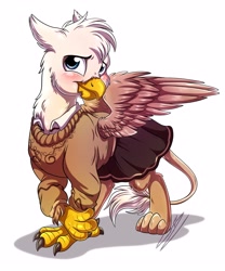 Size: 2500x3000 | Tagged: safe, artist:lupiarts, oc, oc only, griffon, blushing, clothes, crossdressing, cute, fursona, griffon oc, high res, male, non-mlp oc, ocbetes, signature, simple background, skirt, smiling, solo, white background