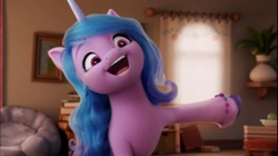 Size: 1284x720 | Tagged: safe, screencap, izzy moonbow, pony, unicorn, g5, my little pony: a new generation, 3d, book, house, open mouth, potted plant, ta-da!, volumetric mouth