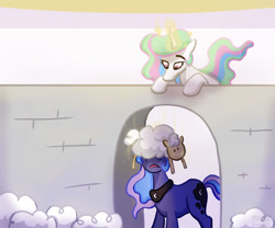Size: 1280x1067 | Tagged: safe, artist:kirbyliscious, princess celestia, princess luna, alicorn, pony, sheep, g4, atg 2021, female, glowing, glowing horn, horn, newbie artist training grounds, prank, royal sisters, siblings, sisters