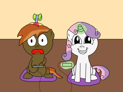Size: 1500x1125 | Tagged: safe, artist:blazewing, button mash, sweetie belle, earth pony, pony, unicorn, g4, atg 2021, colt, controller, cushion, drawpile, female, filly, foal, gamer belle, grin, jaw drop, magic, male, newbie artist training grounds, open mouth, shocked, sitting, smiling, telekinesis, video game