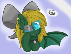 Size: 3950x3005 | Tagged: safe, artist:vinca, oc, oc only, oc:midnight lightning, bat pony, pony, bat pony oc, bat wings, bow, choker, commission, cute, eyeshadow, female, hair bow, high res, makeup, mare, ocbetes, one eye closed, solo, wings, wink, ych result