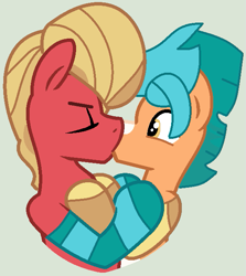Size: 575x646 | Tagged: safe, artist:box-of-ideas, artist:jadeharmony, hitch trailblazer, sprout cloverleaf, earth pony, pony, g5, base used, clothes, eyes closed, french kiss, gay, gray background, hug, kissing, male, markings, ship:clovertrail, shipping, simple background, socks, stallion, striped socks