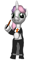 Size: 353x692 | Tagged: safe, sweetie belle, unicorn, semi-anthro, g4, arm hooves, clothes, harry potter (series), pose, school uniform, solo, teraunce-, uniform, wand