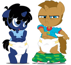 Size: 1600x1455 | Tagged: safe, artist:evilfrenzy, oc, oc:frenzy, oc:ned, unicorn, anthro, unguligrade anthro, age regression, belly button, chuckie finster, clothes, diaper, frown, open mouth, pouting, pouty lips, rugrats, sad, shirt, shirt lift, shoes, shorts, shorts pulled down, sneakers, tommy pickles