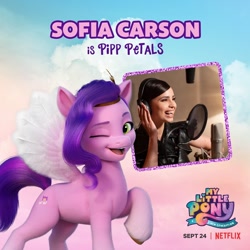 Size: 1080x1080 | Tagged: safe, pipp petals, human, pegasus, pony, g5, my little pony: a new generation, official, spoiler:my little pony: a new generation, female, irl, irl human, mare, my little pony: a new generation logo, netflix logo, photo, sofia carson, text, voice actor