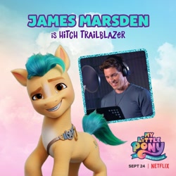 Size: 1080x1080 | Tagged: safe, hitch trailblazer, earth pony, human, pony, g5, my little pony: a new generation, official, dreamworks face, irl, irl human, james marsden, male, my little pony: a new generation logo, netflix logo, photo, stallion, text, voice actor