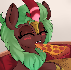 Size: 2044x2013 | Tagged: safe, artist:illusion, cinder glow, summer flare, kirin, g4, blushing, cute, cute little fangs, eating, eyes closed, fangs, food, high res, levitation, magic, meat, open mouth, pepperoni, pepperoni pizza, pizza, telekinesis