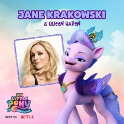 Size: 1080x1080 | Tagged: safe, queen haven, human, pegasus, pony, g5, my little pony: a new generation, official, spoiler:my little pony: a new generation, crown, feather, female, irl, irl human, jane krakowski, jewelry, mare, my little pony: a new generation logo, netflix logo, photo, regalia, smiling, solo, text, voice actor