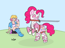 Size: 4098x3072 | Tagged: safe, artist:datzigga, pinkie pie, earth pony, human, pony, g4, cellphone, clothes, clothes swap, crossover, dress, equestria girls outfit, gwen stacy, gwenpool, jacket, marvel, mouth hold, phone, shorts, sword, weapon