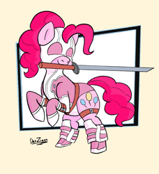 Size: 2595x2846 | Tagged: safe, artist:datzigga, pinkie pie, earth pony, pony, g4, clothes, cosplay, costume, gwenpool, high res, mouth hold, sword, weapon