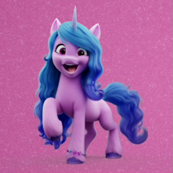 Size: 815x814 | Tagged: source needed, safe, screencap, izzy moonbow, pony, unicorn, g5, my little pony: a new generation, spoiler:my little pony: a new generation, 3d, cropped, cute, female, izzybetes, looking at you, mare, open mouth, raised hoof, smiling, solo