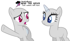 Size: 1195x687 | Tagged: safe, artist:kingbases, oc, oc only, pegasus, pony, unicorn, g4, bald, base, duo, female, frown, horn, mare, open mouth, pegasus oc, pointing, raised hoof, simple background, transparent background, transparent horn, transparent wings, underhoof, unicorn oc, wings