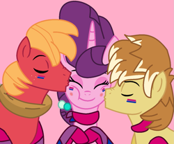 Size: 1165x968 | Tagged: safe, artist:box-of-ideas, artist:jadeharmony, big macintosh, feather bangs, sugar belle, earth pony, pony, unicorn, g4, base used, bisexual, bisexual female, bisexual male, bisexual pride flag, cheek kiss, clothes, eyes closed, face paint, female, gay, kiss sandwich, kissing, male, mare, pink background, polyamory, pride, pride flag, pride socks, scarf, ship:feathermac, ship:sugarbangs, ship:sugarbangsmac, ship:sugarmac, shipping, simple background, socks, stallion, straight, striped socks