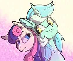 Size: 924x768 | Tagged: safe, artist:smirk, bon bon, lyra heartstrings, sweetie drops, earth pony, pony, unicorn, g4, couple, duo, female, lesbian, looking at each other, mare, ship:lyrabon, shipping, smiling, smiling at each other